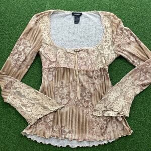 Vintage 90s Y2K Express Sheer  Euro Whimsy All Over Print Long Sleeve Top Sz M